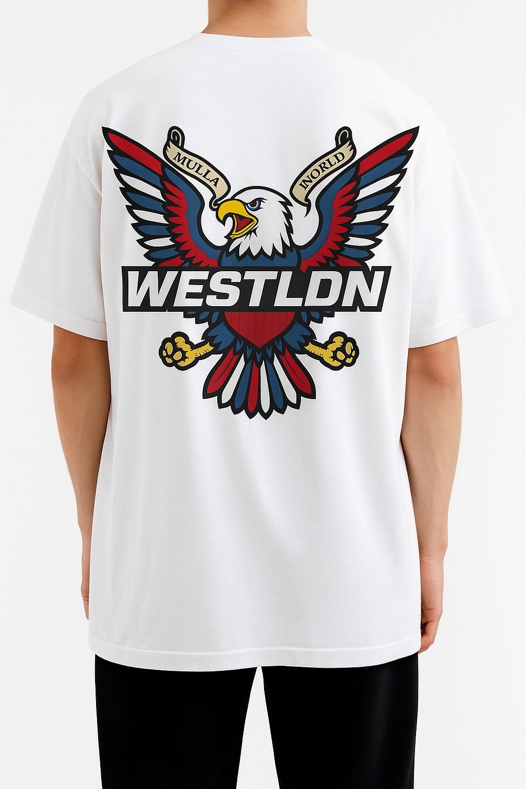 White t-shirt with an eagle graphic and 'WESTLDN' text on a white background